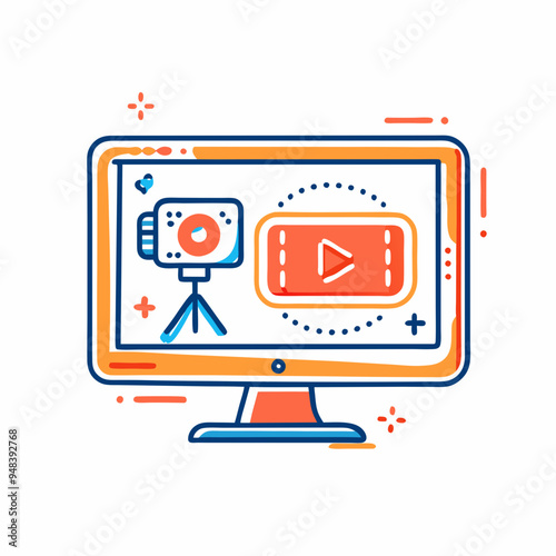 Screen Recording and Video Creation Concept, Illustrated Monitor with Camera and Play Icon in Orange and Blue