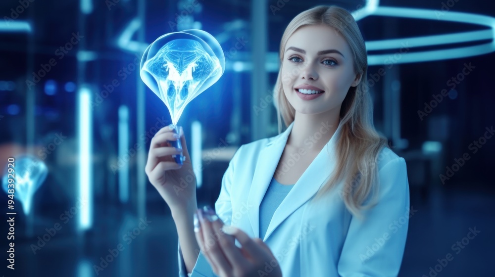 Woman Interacting with Holographic Brain Woman Interacting with Holographic Brain