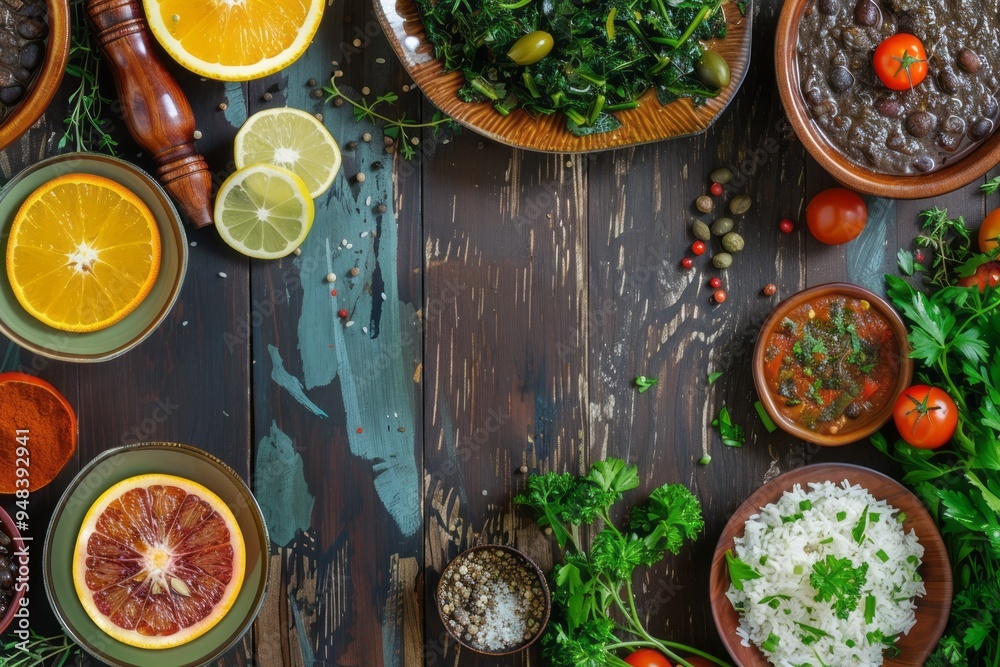 A complete feijoada meal with traditional sides like rice, orange slices, and collard greens, on a festive table with ample copy space.Feijoada.Brazilian cuisine.Traditional Brazilian stew. A complete feijoada meal with traditional sides like rice, orange slices, and collard greens, on a festive table with ample copy space.Feijoada.Brazilian cuisine.Traditional Brazilian stew.