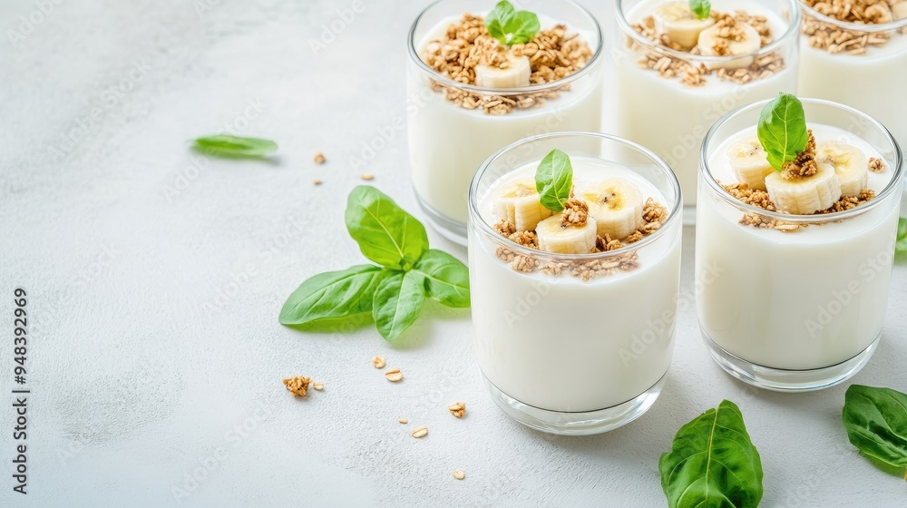 A rhythmic arrangement of layered banana and granola sundaes in glass jars creates a delightful display on a light concrete surface, ideal for text placement A rhythmic arrangement of layered banana and granola sundaes in glass jars creates a delightful display on a light concrete surface, ideal for text placement