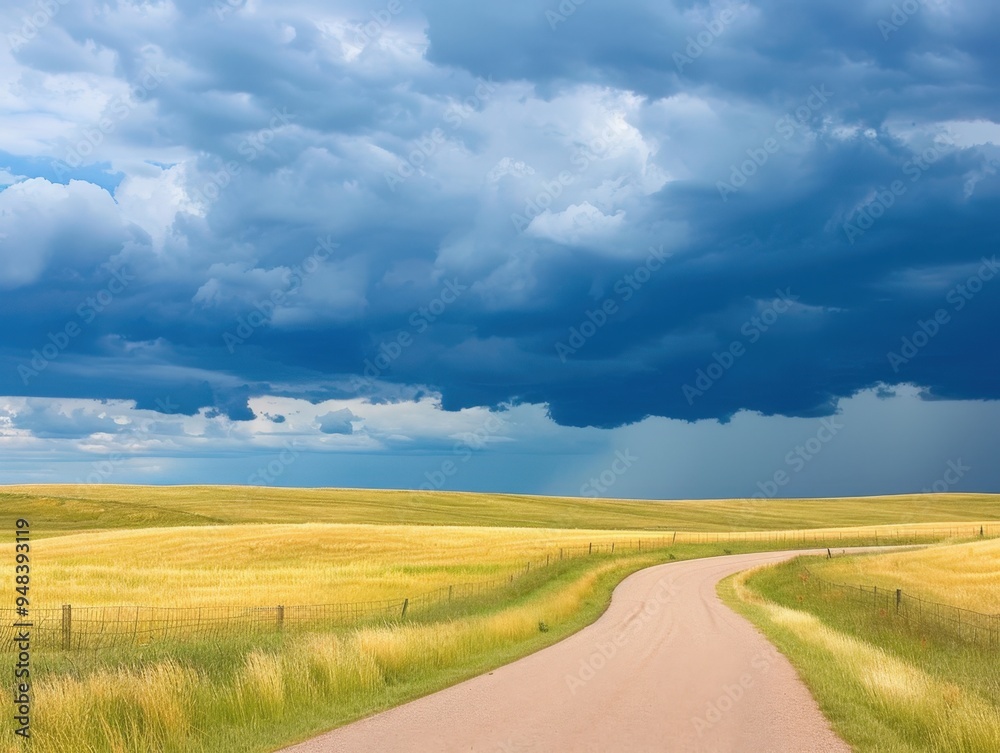 Fototapeta premium Winding dirt road through golden fields under dramatic stormy skies in the countryside