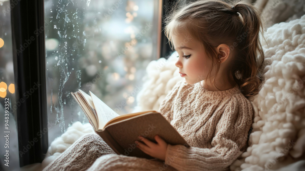 Adorable little girl in a cozy outfit, reading by the window, modern loft-style home, Adorable little girl in a cozy outfit, reading by the window, modern loft-style home,