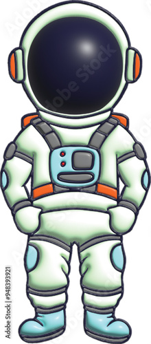 Cartoon astronaut wearing a white space suit with light blue accents and orange details, standing tall with a large black helmet