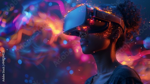 A woman experiences virtual reality with colorful visual effects in a darkened room showcasing advanced technology in action