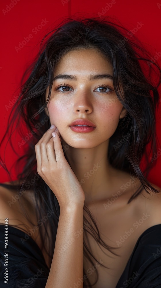 Serene Beauty: Intense Gaze of an Asian Woman on Bold Red Background, Hand Touching Face in Natural Light Serene Beauty: Intense Gaze of an Asian Woman on Bold Red Background, Hand Touching Face in Natural Light