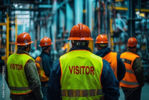 A group of men wearing safety gear observe an industrial site tour, all outfitted with bright orange helmets and vests, which highlights the importance of safety within a factory environment