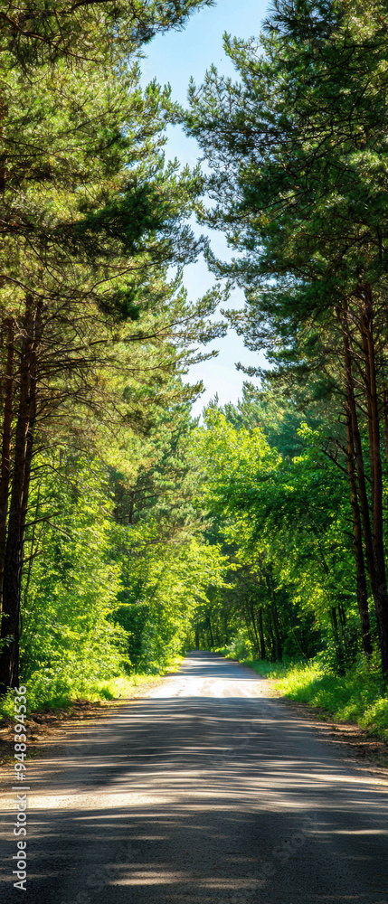 Obraz premium Serene forest path with tall trees on a bright sunny day, capturing the beauty and tranquility of nature's lush green scenery.