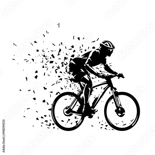 Mountain bike racing, man riding mountain bike, isolated vector silhouette, side view