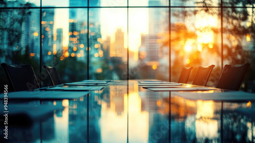 Time lapse of the interior of a modern business office with the reflection of the sun coming through the windows. Empty boardroom