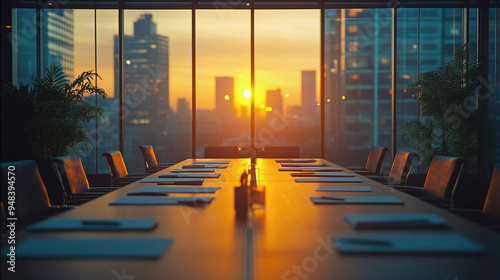 A large conference table overlooking the city skyline with the nice light of dawn coming through the window. The table is set for a meeting with several chairs around it. minimalist decoration concept