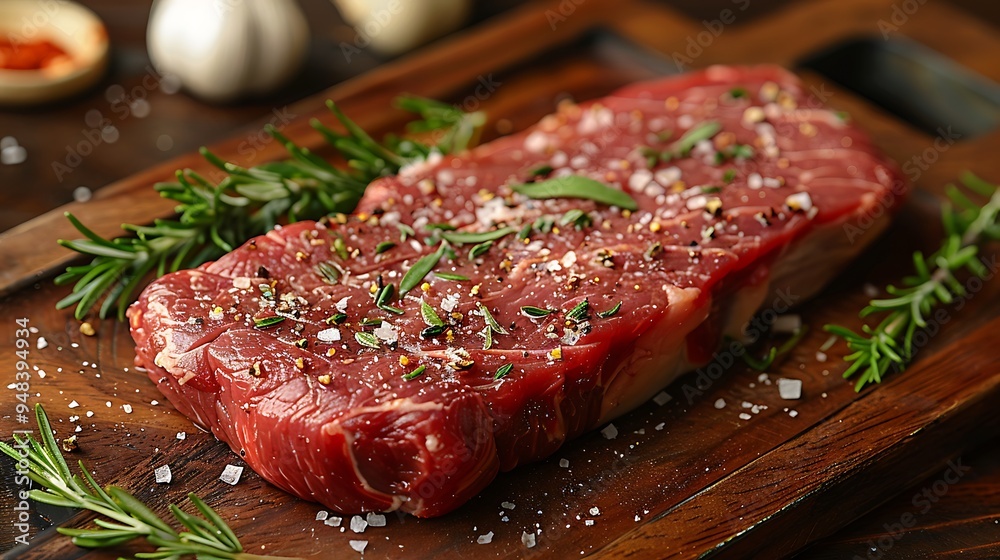 A raw sirloin steak on a wooden wooden board, garnished with garlic cloves, fresh herbs, and sea salt, warm golden hour light casting soft shadows, rich, warm tones, A raw sirloin steak on a wooden wooden board, garnished with garlic cloves, fresh herbs, and sea salt, warm golden hour light casting soft shadows, rich, warm tones,