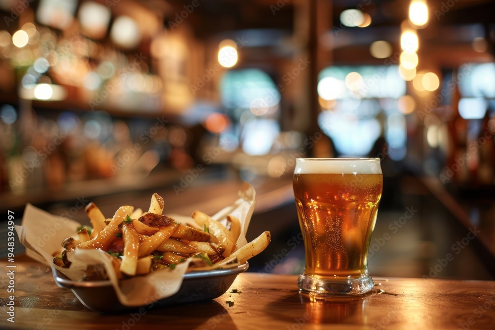 Poutine served with a glass of craft beer on a bar counter, with a blurred background and ample copy space.Canadian Poutine.Poutine.Cheese curds.Brown sauce. Poutine served with a glass of craft beer on a bar counter, with a blurred background and ample copy space.Canadian Poutine.Poutine.Cheese curds.Brown sauce.