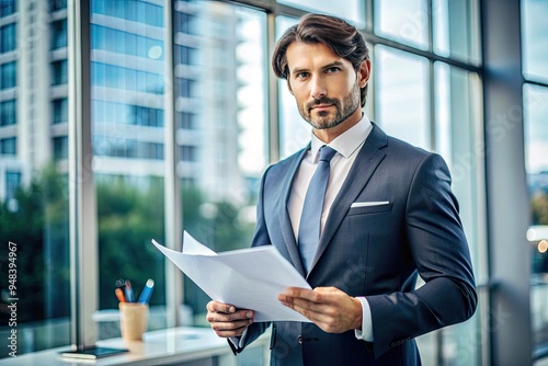 Confident entrepreneur in formal attire holds financial reports, exuding pride and authority, with a serious expression, surrounded by important banking documents and papers.