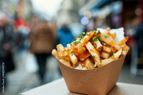 Canadian Poutine.Poutine.Cheese curds.Brown sauce.Street food style poutine served in a disposable paper container, with a bustling food market background and ample copy space.