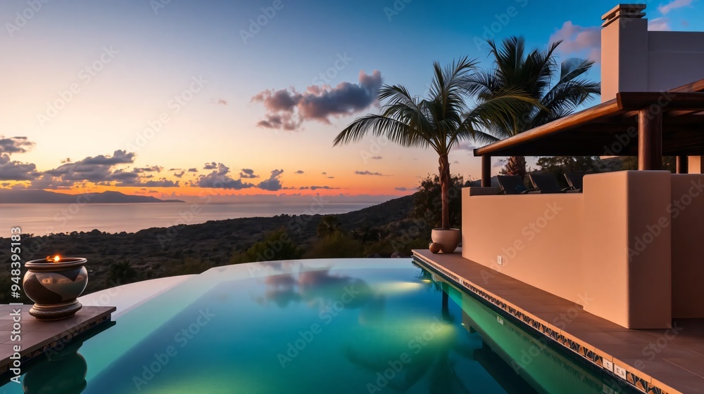 Fototapeta premium luxurious home with swimming pool, outdoor living concept with private oasis, modern minimalist architecture design looking out to the horizon in the evening