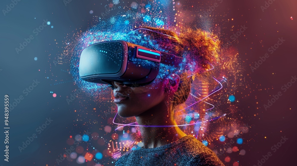 A person wearing virtual reality headset immersed in digital visuals at a vibrant gaming event during the evening hours A person wearing virtual reality headset immersed in digital visuals at a vibrant gaming event during the evening hours