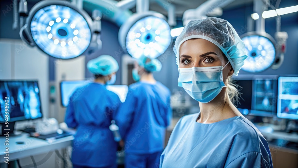 Confident female surgeon in scrubs and mask, observing surgical monitors, with a stethoscope around her neck, in a modern hospital operating room. Confident female surgeon in scrubs and mask, observing surgical monitors, with a stethoscope around her neck, in a modern hospital operating room.