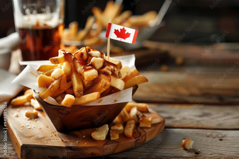 Fototapeta premium Canadian Poutine.Cheese curds.Poutine.Brown sauce.Traditional Canadian poutine with a maple leaf flag toothpick, served on a wooden board with ample copy space