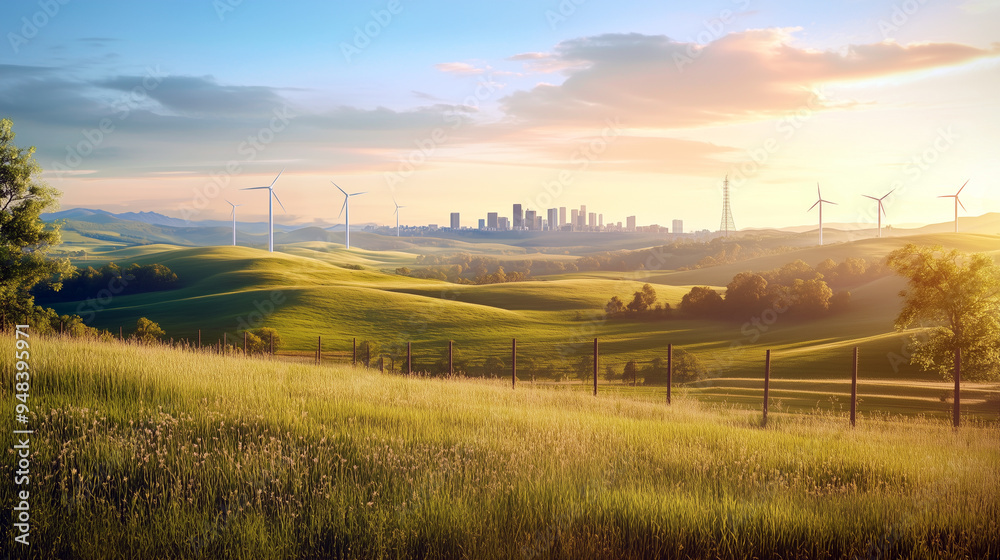 Scene of rolling hills or farmland in the foreground, with a distant, eco-friendly city skyline featuring wind turbines, emphasizing the coexistence of nature and sustainable development technology. Scene of rolling hills or farmland in the foreground, with a distant, eco-friendly city skyline featuring wind turbines, emphasizing the coexistence of nature and sustainable development technology.
