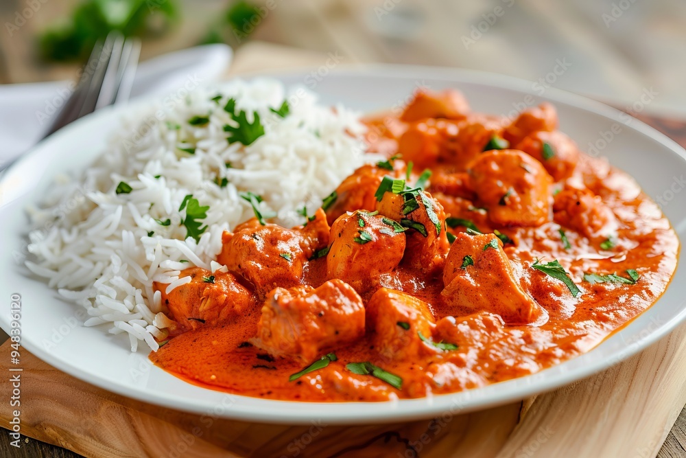 Chicken Tikka Masala served with a side of fragrant basmati rice, beautifully plated on a white dish with ample copy space.Traditional Indian meal.Indian cuisine.Chicken tikka masala. Chicken Tikka Masala served with a side of fragrant basmati rice, beautifully plated on a white dish with ample copy space.Traditional Indian meal.Indian cuisine.Chicken tikka masala.