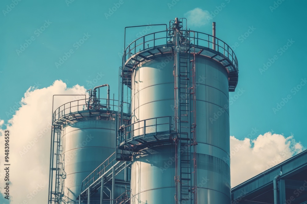 The image shows large industrial storage tanks and tall cooling structures, essential for power generation and oil refining, highlighting key elements of modern energy infrastructure The image shows large industrial storage tanks and tall cooling structures, essential for power generation and oil refining, highlighting key elements of modern energy infrastructure