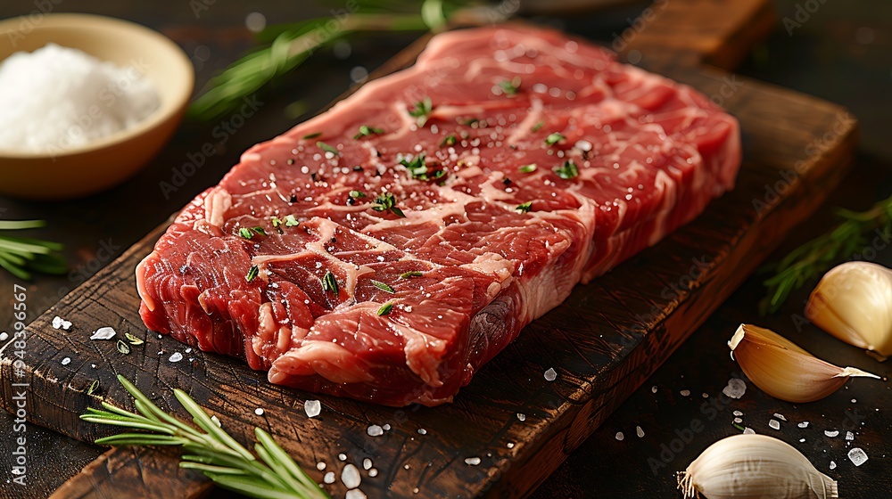 A raw sirloin steak with intricate marbling, placed on a weathered wooden board, surrounded by garlic cloves, fresh herbs, and sea salt, natural light enhancing the textures and colors, A raw sirloin steak with intricate marbling, placed on a weathered wooden board, surrounded by garlic cloves, fresh herbs, and sea salt, natural light enhancing the textures and colors,