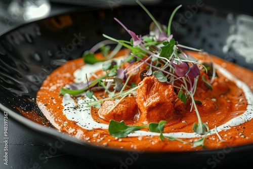 Indian cuisine.Traditional Indian meal.Chicken tikka masala.A modern presentation of Chicken Tikka Masala with microgreens and a drizzle of yogurt, served on a sleek black plate photo