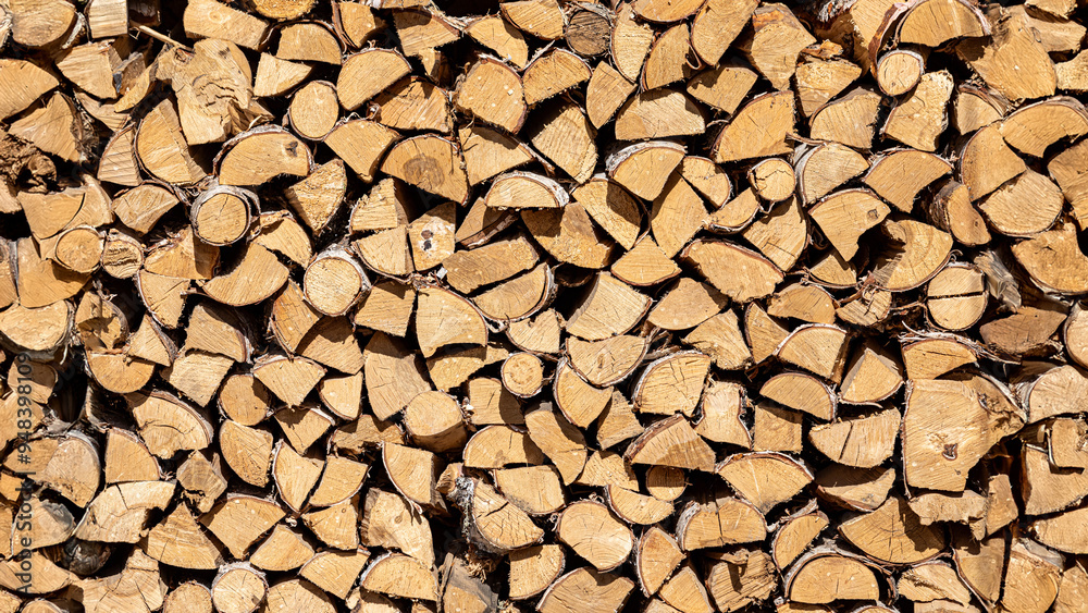 High quality firewood in a woodpile. Banner, background, illustration, postcard for advertising fuel resource for household, timber production, logging, High quality firewood in a woodpile. Banner, background, illustration, postcard for advertising fuel resource for household, timber production, logging,