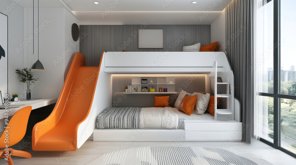 modern childrens room concept featuring a stylish bunk bed with slide ...
