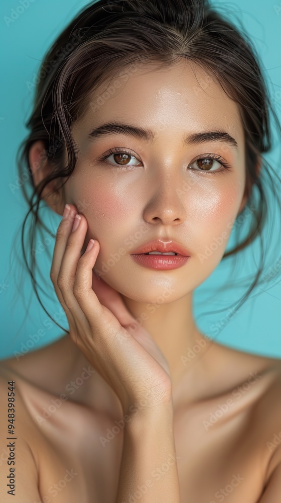 Serene Asian Woman in Thoughtful Pose on Light Blue Background with Natural Lighting Serene Asian Woman in Thoughtful Pose on Light Blue Background with Natural Lighting