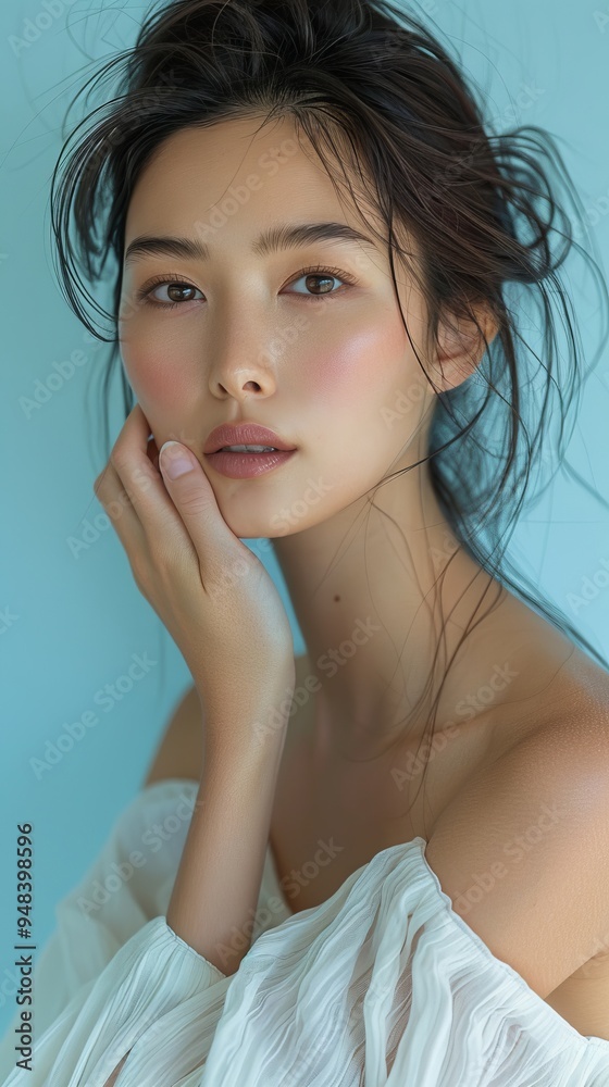 Serene Asian Woman in Thoughtful Pose on Light Blue Background with Natural Light, Hand Touching Face Expression Serene Asian Woman in Thoughtful Pose on Light Blue Background with Natural Light, Hand Touching Face Expression