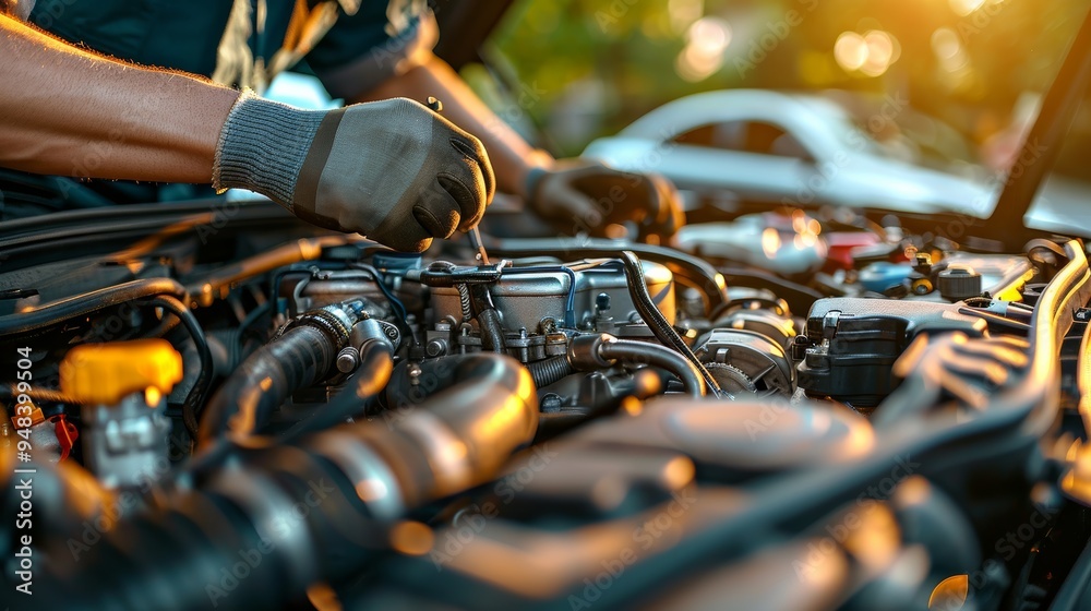 Mechanic working on a car engine during golden hour in a driveway with soft sunlight illuminating the scene Mechanic working on a car engine during golden hour in a driveway with soft sunlight illuminating the scene