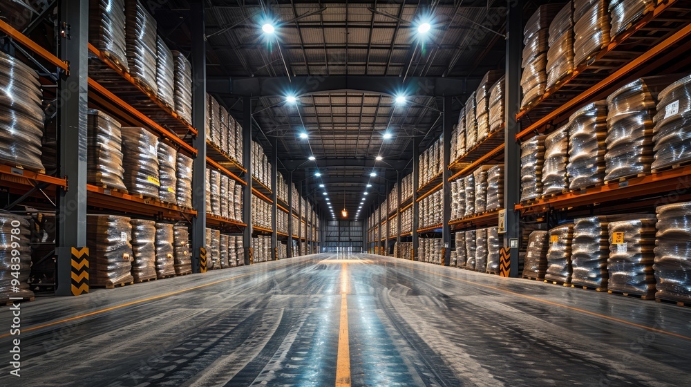 Expansive warehouse storage area filled with neatly stacked pallets during evening hours in a commercial distribution center Expansive warehouse storage area filled with neatly stacked pallets during evening hours in a commercial distribution center