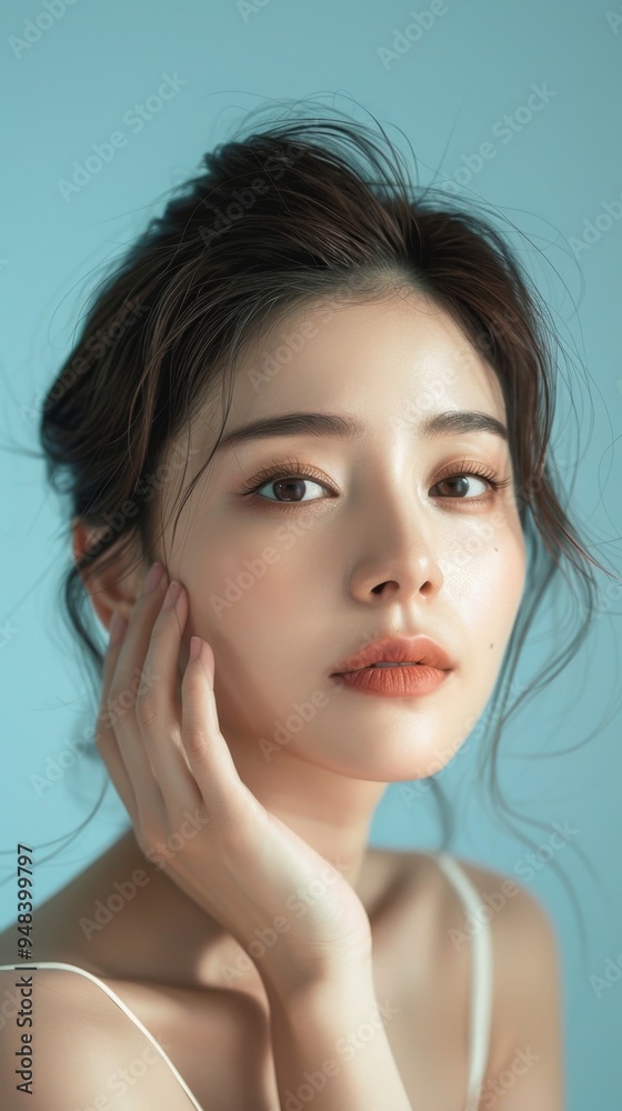 Serene Asian Woman Portrait in Natural Light against Light Blue Background with Hand Touching Face Serene Asian Woman Portrait in Natural Light against Light Blue Background with Hand Touching Face