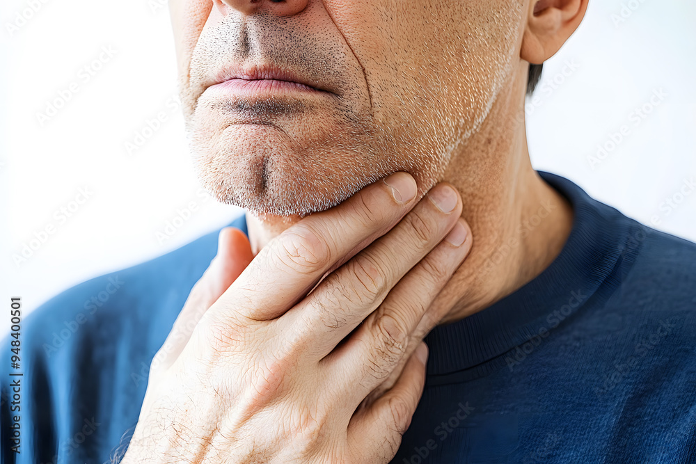 Close up Young man having sore throat and touching his neck Close up Young man having sore throat and touching his neck
