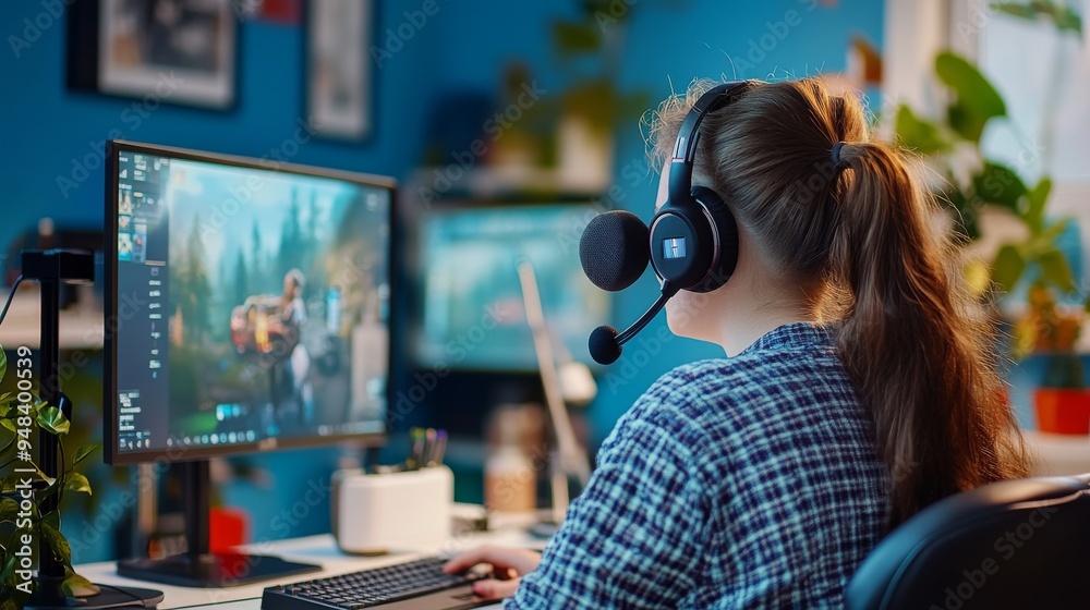 A woman streamer is using a professional mixer to check sound while streaming video games in her gaming home studio. A gamer is playing first-person shooter games and chatting with teammates online.