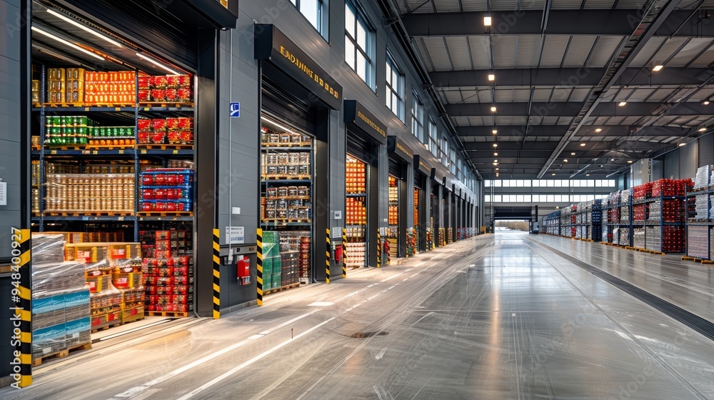 Modern warehouse filled with neatly organized shelves and pallets of goods in a large distribution center during daylight Modern warehouse filled with neatly organized shelves and pallets of goods in a large distribution center during daylight