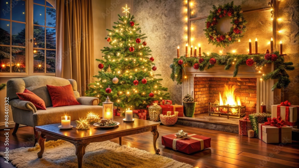 Cozy festive living room with twinkling Christmas tree, snowflakes, and candles, set for holiday celebration with decorated table, gifts, and warm crackling fireplace. Cozy festive living room with twinkling Christmas tree, snowflakes, and candles, set for holiday celebration with decorated table, gifts, and warm crackling fireplace.
