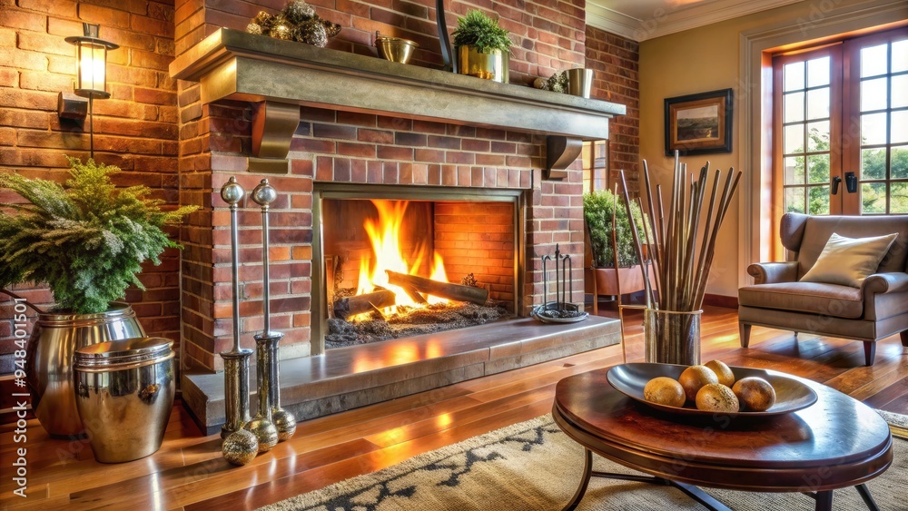 Cozy fire crackles in a well-maintained brick surround, surrounded by polished metal tools, gleaming wood mantel, and a clean, luxurious living room atmosphere. Cozy fire crackles in a well-maintained brick surround, surrounded by polished metal tools, gleaming wood mantel, and a clean, luxurious living room atmosphere.
