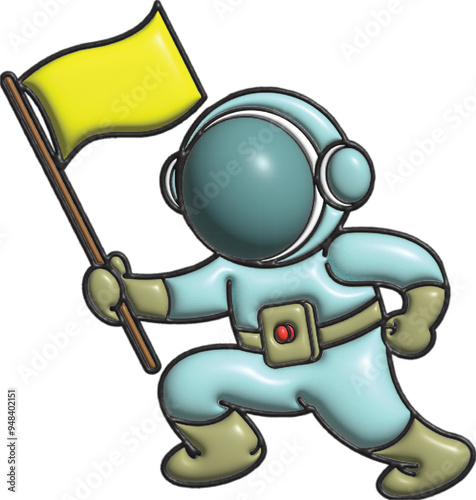 An excited cartoon astronaut wearing a light blue space suit with a dark helmet is running while waving a bright yellow flag.
