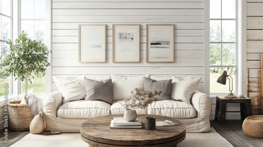 a modern farmhouse living room with shiplap walls for graphic design a modern farmhouse living room with shiplap walls for graphic design