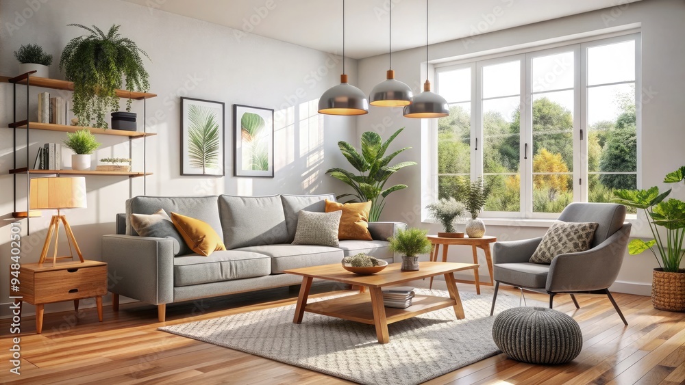 Fototapeta premium Cozy living room with modern decor, minimalistic furniture, and plenty of natural light, reflecting the relaxed and eclectic style of a modern young adult's home.
