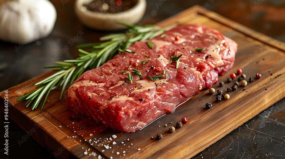 Close-up of a raw hanger steak on a wooden wooden board, garnished with rosemary sprigs, crushed garlic, and black peppercorns, soft natural light highlighting the marbling and textures, Close-up of a raw hanger steak on a wooden wooden board, garnished with rosemary sprigs, crushed garlic, and black peppercorns, soft natural light highlighting the marbling and textures,