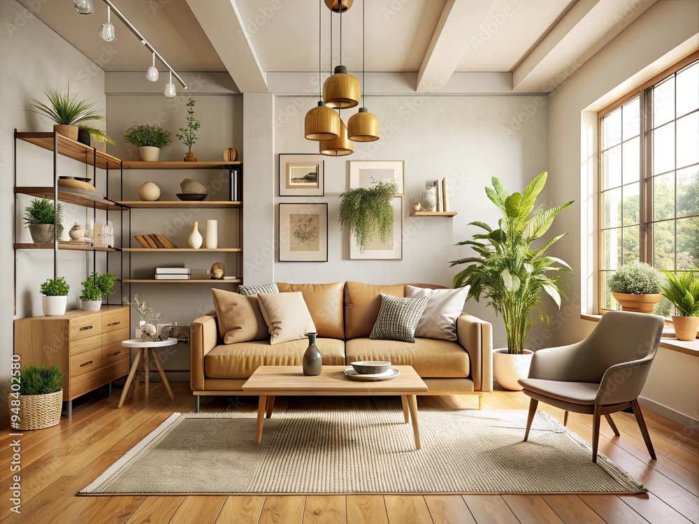 Fototapeta premium Cozy Minimalist Haven: Warm, inviting, decluttered, natural light, neutral tones