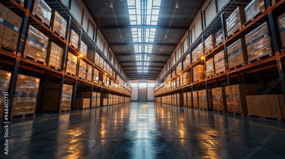 Warehouse interior featuring organized shelves filled with boxes and bright overhead lighting during the day Warehouse interior featuring organized shelves filled with boxes and bright overhead lighting during the day