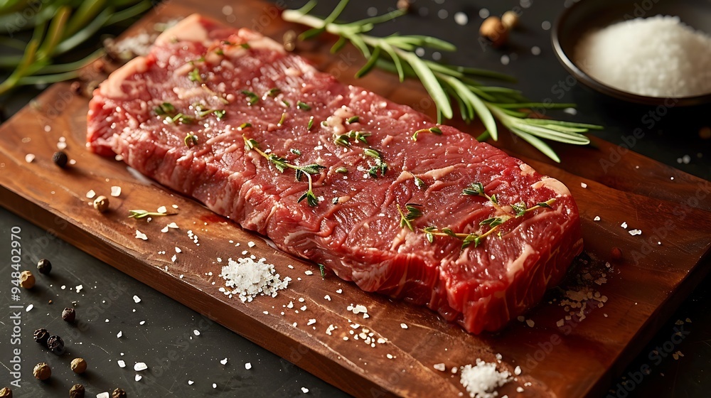 Close-up of a raw New York strip steak on a wooden wooden board, surrounded by coarse salt, sprigs of fresh rosemary, and peppercorns, soft natural light highlighting the marbling and textures, Close-up of a raw New York strip steak on a wooden wooden board, surrounded by coarse salt, sprigs of fresh rosemary, and peppercorns, soft natural light highlighting the marbling and textures,