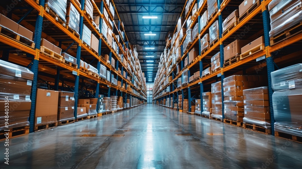 A spacious warehouse filled with neatly organized shelves and packed boxes under bright artificial lighting during daytime operations A spacious warehouse filled with neatly organized shelves and packed boxes under bright artificial lighting during daytime operations