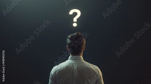 Man in White Shirt Contemplating a Floating Question Mark photo