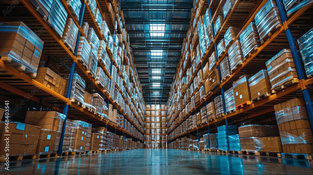 Fototapeta premium Aerial view of a large warehouse filled with neatly stacked boxes and shelving during daylight hours