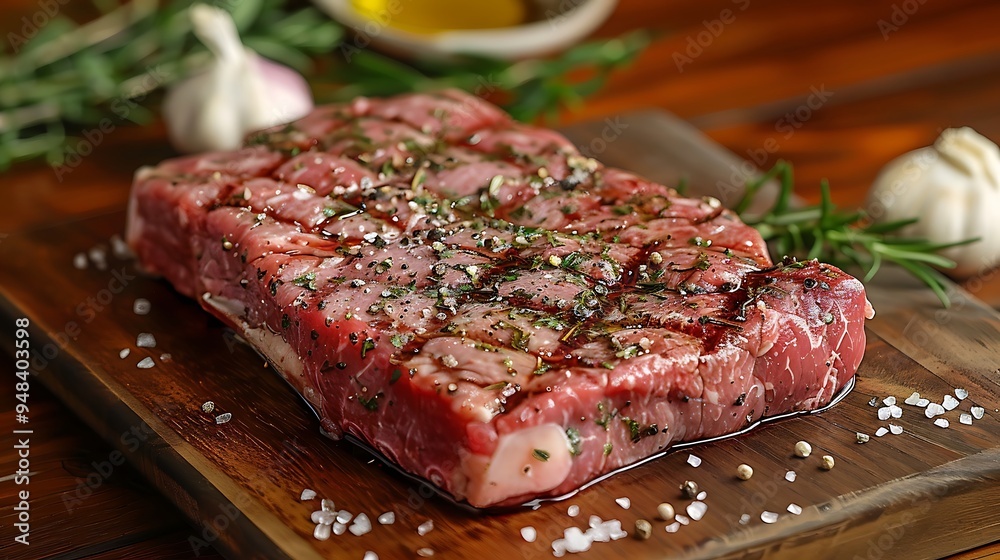 Close-up of a raw porterhouse steak on a wooden wooden board, garnished with a mix of herbs, garlic bulbs, and olive oil drizzles, side lighting highlighting the marbling and textures,